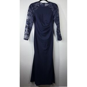 Eliza J Dress Womens 2 Navy Blue Lace Sequin Gown Long Sleeve Formal Maxi New